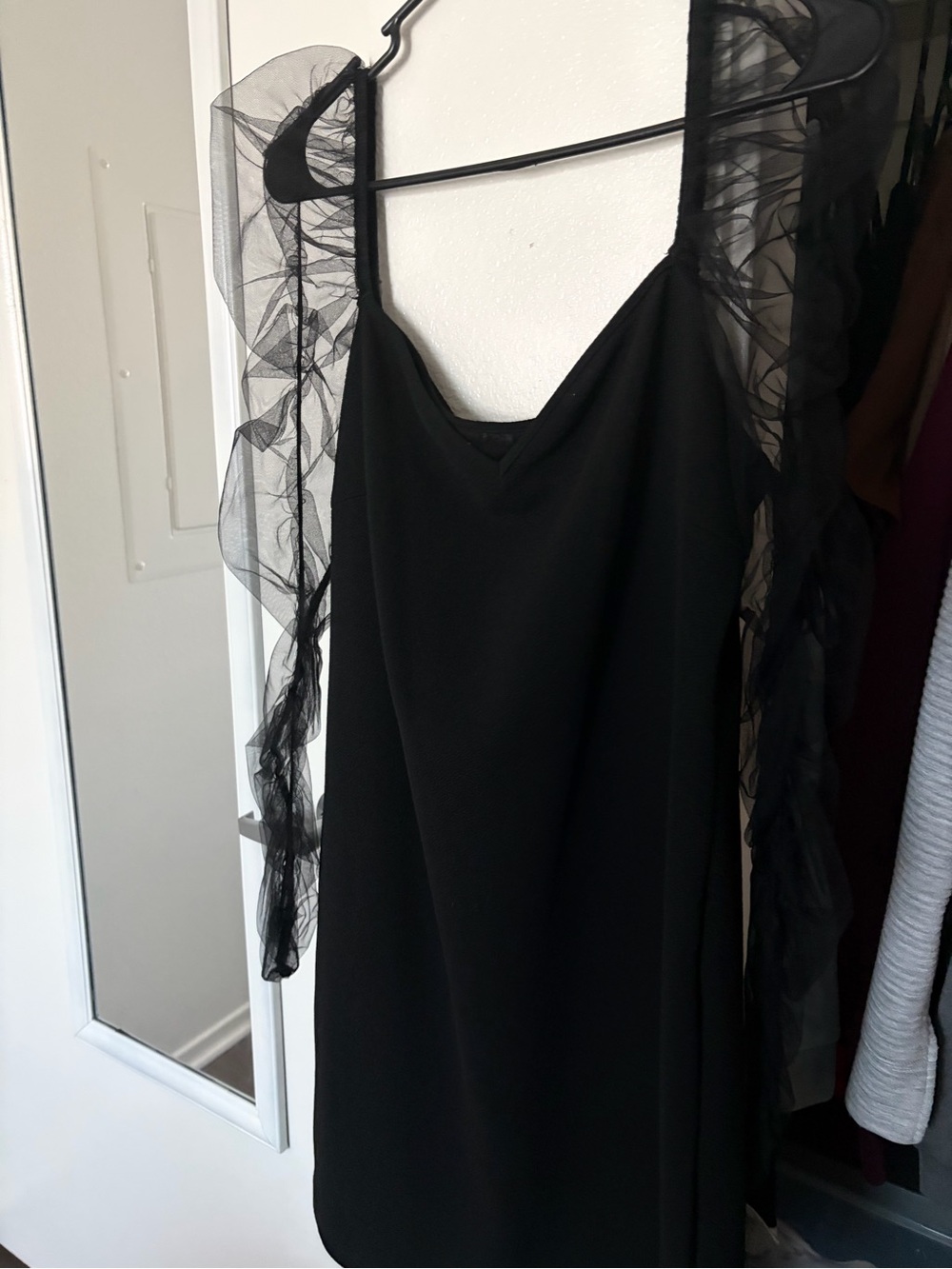 Black Long Sleeve Women's Dress with Sheer Ruffle Sleeves